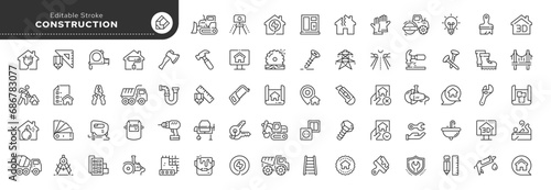 Set of line icons in linear style. Set - Construction, industry, home repair, construction equipment and tools. Outline icon collection. Conceptual pictogram and infographic.