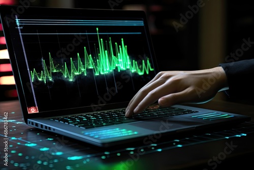 Hologram data showing with laptop, human hand typing in laptop with hologram graph chart showing © SaroStock