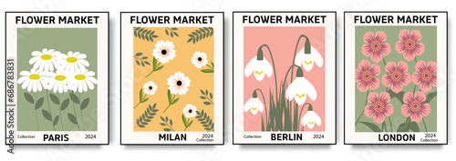 Set 1970 flowers market poster. Trendy botanical wall arts with floral design in bright colors. Modern naive groovy funky interior decorations, paintings. Vector art illustration.