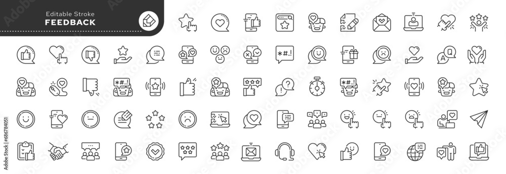 Set of line icons in linear style. Series - Feedback. Like, review and comment on Internet content. User opinion and survey. Outline icon collection. Conceptual pictogram and infographic. - obrazy, fototapety, plakaty 
