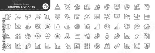 Set of line icons in linear style. Set - Graphs and charts. Static analytical charts of economics, finance and business. Outline icon collection. Pictogram and infographic. Editable stroke.