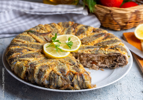 Obraz na płótnie Anchovy pilaf(hamsi pilav), Turkish cuisine, Black Sea specialty (Turkish name; hamsili pilav) w salonie