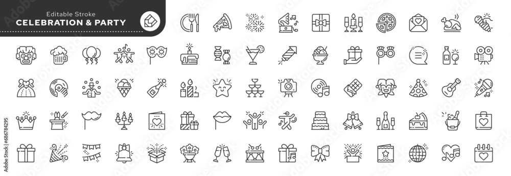 Fototapeta premium Set of outline icons in linear style. Series - Holiday and party. Fun birthday celebration. Holiday accessories, food and drinks.Outline icon collection. Conceptual pictogram and infographic.