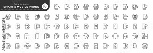 Set of line icons in linear style. Series - Smart and mobile phone, technology and gadget. Web line icon. Outline icon collection. Conceptual pictogram and infographic. Editable stroke.