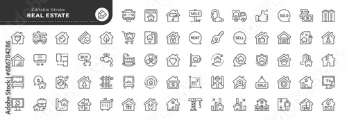 Set of line icons in linear style. Set - Real estate. Buying, selling and renting a house. Mortgages and housing loans. Web line icon. Outline pictogram and infographic