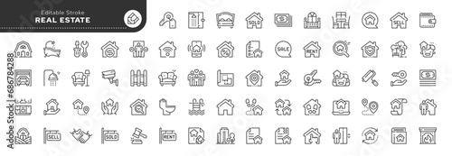 Set of line icons in linear style. Set - Real estate. Buying, selling and renting a house. Mortgages and housing loans. Web line icon. Outline pictogram and infographic