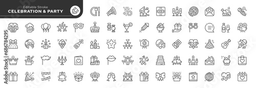 Set of outline icons in linear style. Series - Holiday and party. Fun birthday celebration. Holiday accessories, food and drinks.Outline icon collection. Conceptual pictogram and infographic.