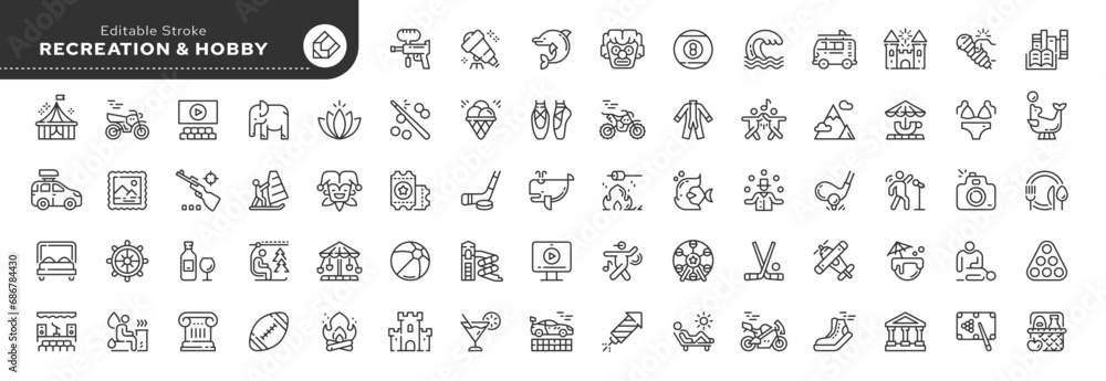 Set of line icons in linear style. Set - Recreation. Hobby,vacation and entertainment. Web line icon. Outline pictogram and infographic. Editable stroke. Set of line icons in linear style. Set - Recreation. Hobby,vacation and entertainment. Web line icon. Outline pictogram and infographic. Editable stroke.