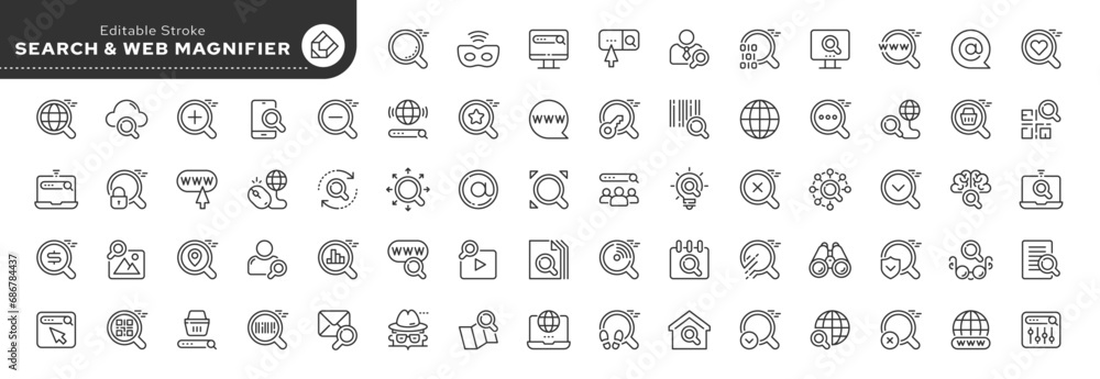 Set of outline icons in linear style. Series - Web search and magnifying glass. Search bar, Internet and cyber networks.Outline icon collection. Conceptual pictogram and infographic. Set of outline icons in linear style. Series - Web search and magnifying glass. Search bar, Internet and cyber networks.Outline icon collection. Conceptual pictogram and infographic.