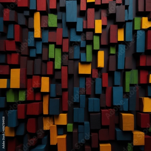 3d rendering of multicolored wooden cubes in a chaotic pattern