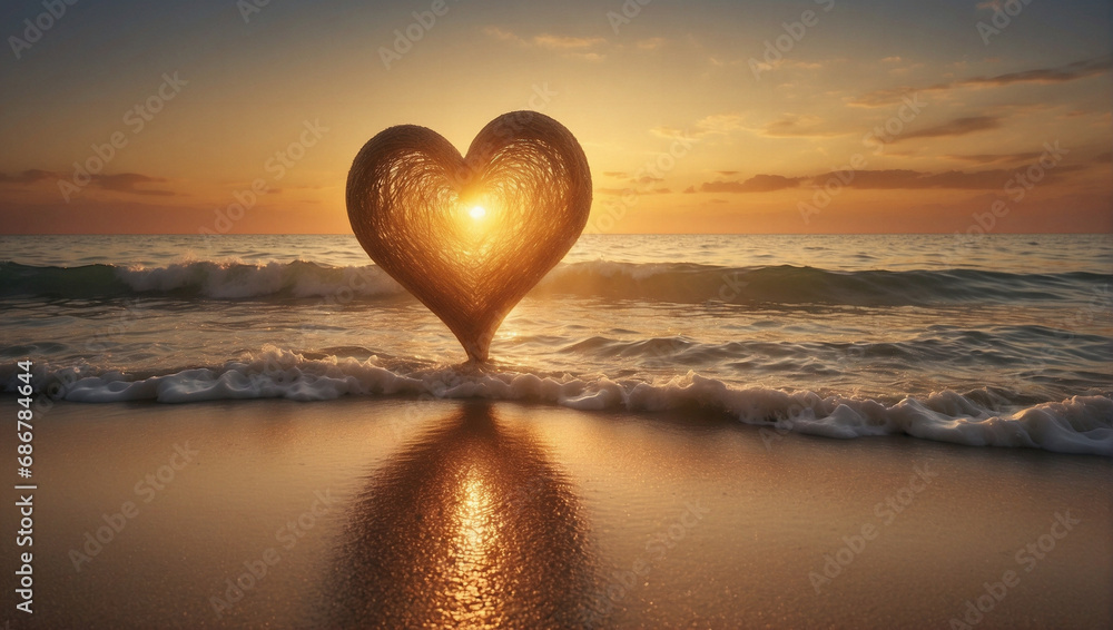 A built heart in the sand of a beach at sunset. A love and Valentine's day concept. Background, greeting card. Wedding. - obrazy, fototapety, plakaty 