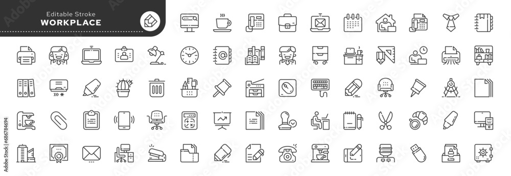 Set of line icons in linear style.Set - Workplace and office work.Worker icon, office items, equipment and tools. Web line icon.Outline Icon collection.Pictogram and infographic. - obrazy, fototapety, plakaty 