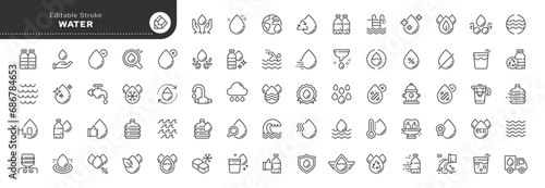 Set of line icons in linear style. Series - Water. Drop, water balance, bottle of pure natural and mineral water. Web line icon. Outline icon collection. Conceptual pictogram and infographic.