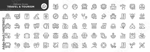 Set of line icons in linear style. Set - Travel and tourism. Vacation, hotel stay and trip to the sea. Entertainment at the resort. Web line icon. Outline pictogram and infographic.