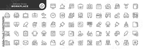 Set of line icons in linear style.Set - Workplace and office work.Worker icon, office items, equipment and tools. Web line icon.Outline Icon collection.Pictogram and infographic. photo