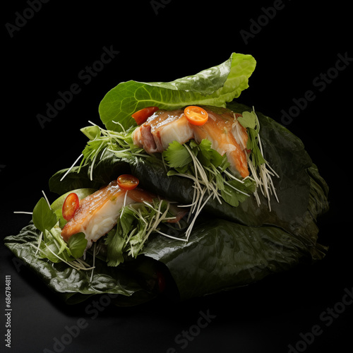 Chaplu leaves wrapped in sea bass salad photo