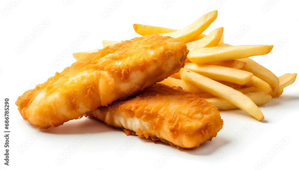Fish and Chips isolated on white background, cutout Fish and Chips isolated on white background, cutout