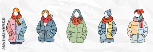 Frauen in bunten Puffer-Winterjacken - Farblose anonyme Lineart-Zeichnungen