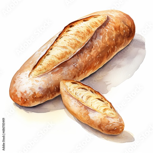 Watercolor French bread single white background. AI generate illustration
