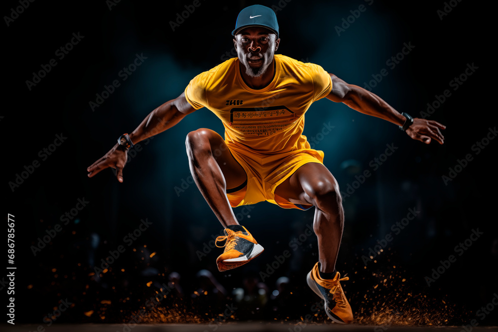 hombre saltando realizando deporte en de noche con camiseta y pantalón amarillo, zapatillas de running