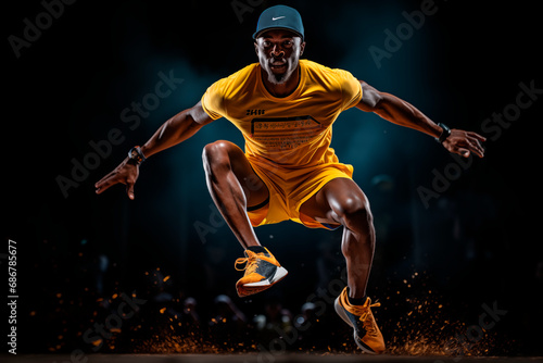 hombre saltando realizando deporte en de noche con camiseta y pantalón amarillo, zapatillas de running © Antonio