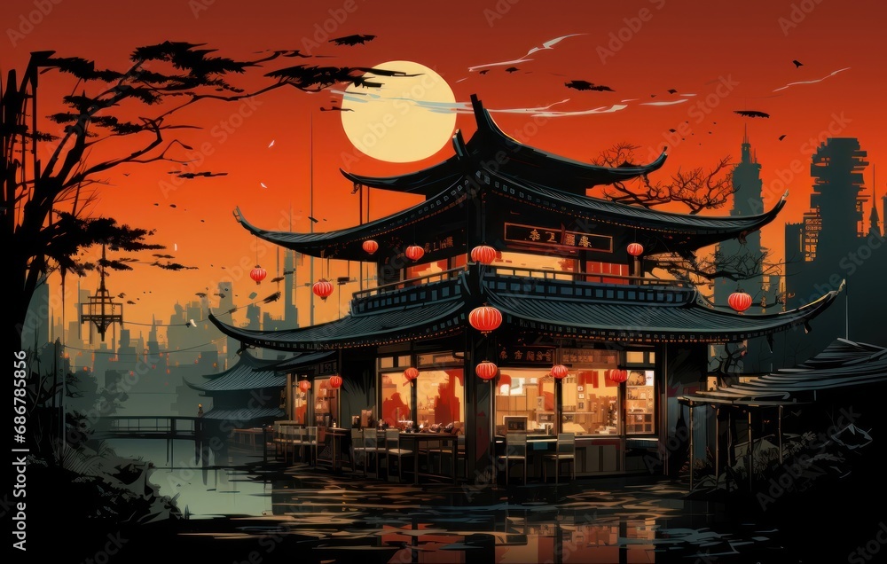 Illustration of a Japanese restaurant with a beautiful sunset in the background. 2d Illustration of a Japanese restaurant with Copy Space.