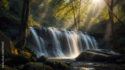 A stunning 3D-rendered nature and landscape wallpaper featuring a waterfall cascading in a lush forest  illuminated by sun rays filtering through the foliage