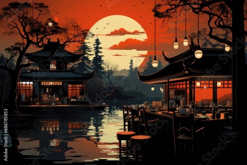 Illustration of a Japanese restaurant with a beautiful sunset in the background. 2d Illustration of a Japanese restaurant with Copy Space.