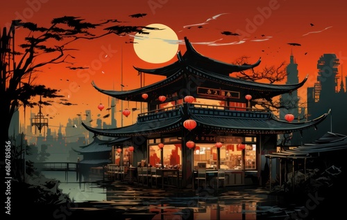 Illustration of a Japanese restaurant with a beautiful sunset in the background. 2d Illustration of a Japanese restaurant with Copy Space. © John Martin