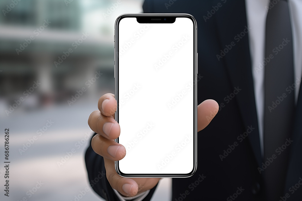 Close-up of a businessman hand holding a smartphone white screen for mockup. Close-up of a businessman hand holding a smartphone white screen for mockup.