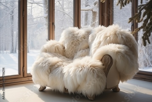 Cozy Ivory Snuggle Chair with Plush Fur Blanket by Christmas Tree - Hygge Winter Home Interior
