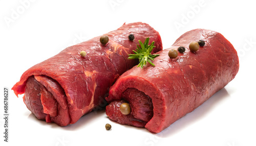 Raw beef roulades isolated on white background, cut out photo