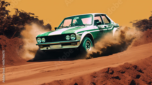 Vintage rally car splashing the dirt in retro 70s styled scene photo