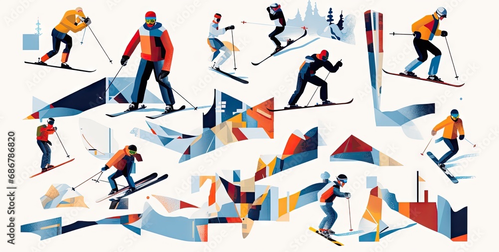 a bunch of illustrations representing the sport that someone is playing, such as skiing Generative Ai