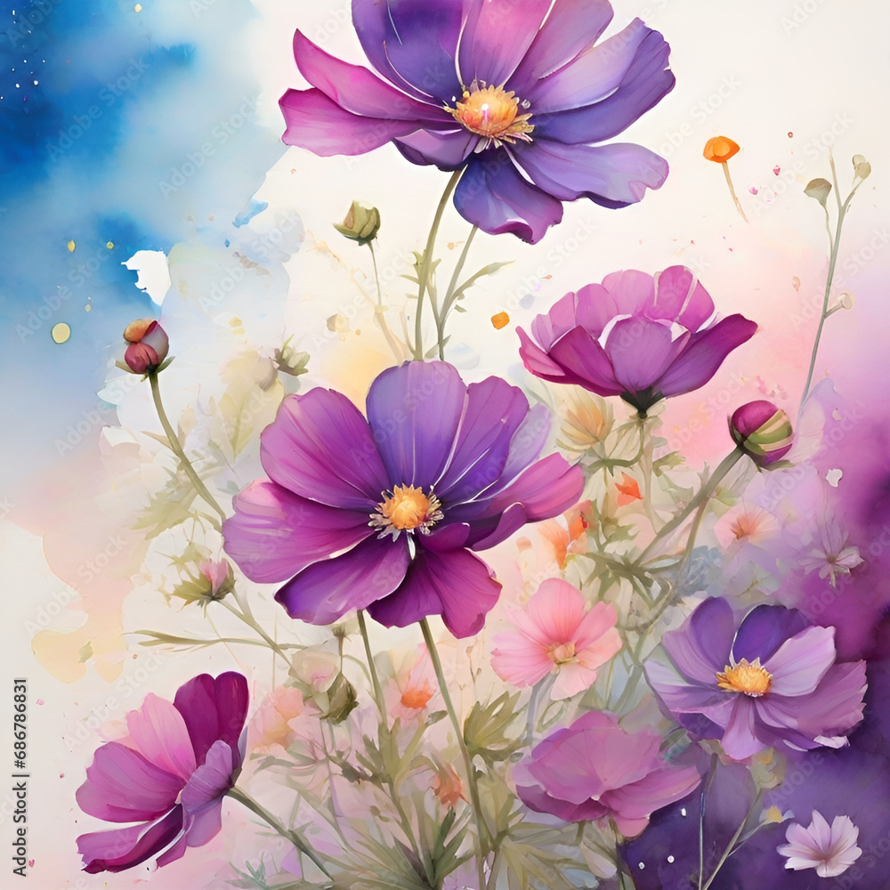 Watercolor cosmos flowers, generative ai