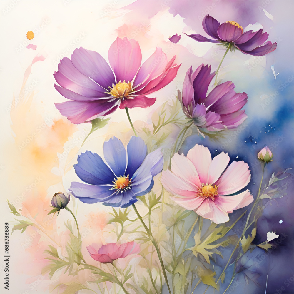 Watercolor cosmos flowers, generative ai