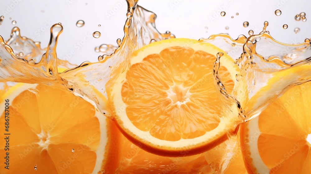 Citrus background with a group of oranges in pure splash of water drops as a symbol of healthy eating and boosting the immune system with natural vitamins. close up - obrazy, fototapety, plakaty 