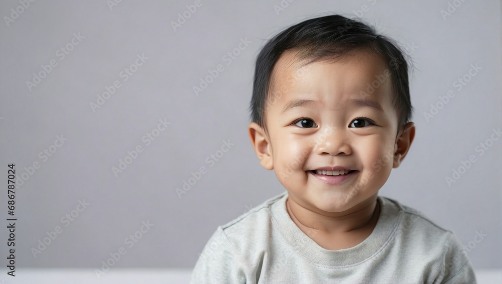 Charming Asian baby boy in grey smiling, close-up portrait on a grey backdrop Charming Asian baby boy in grey smiling, close-up portrait on a grey backdrop