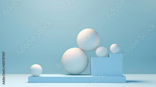Abstract color cylinder pedestal podium on blue background with sphere shape objects. Mock up template Product display presentation rendering 3d shape. Futuristic wall minimal scene.