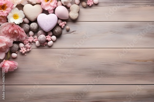 Banner with light gray wooden background and adorable decorations made of chocolates in the shape of hearts, ribbons and flowers.Valentine's Day, wedding, anniversary or any congratulation.