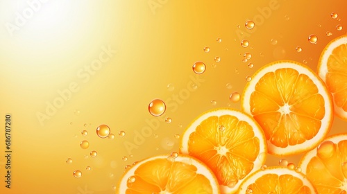 Vitamin C abstract design for banner with empty copy space and orange color background. Оrange juice or essential oil advertising poster mockup. Medical, food, cosmetic and scientific concepts