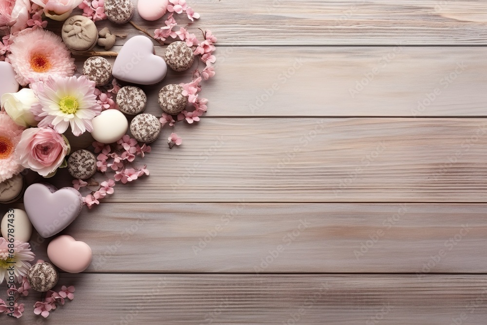 Light gray wooden background decorated with heart-shaped chocolates, ribbons and flowers. Banner for Valentine's Day, wedding, anniversary or any other romantic event. Light gray wooden background decorated with heart-shaped chocolates, ribbons and flowers. Banner for Valentine's Day, wedding, anniversary or any other romantic event.