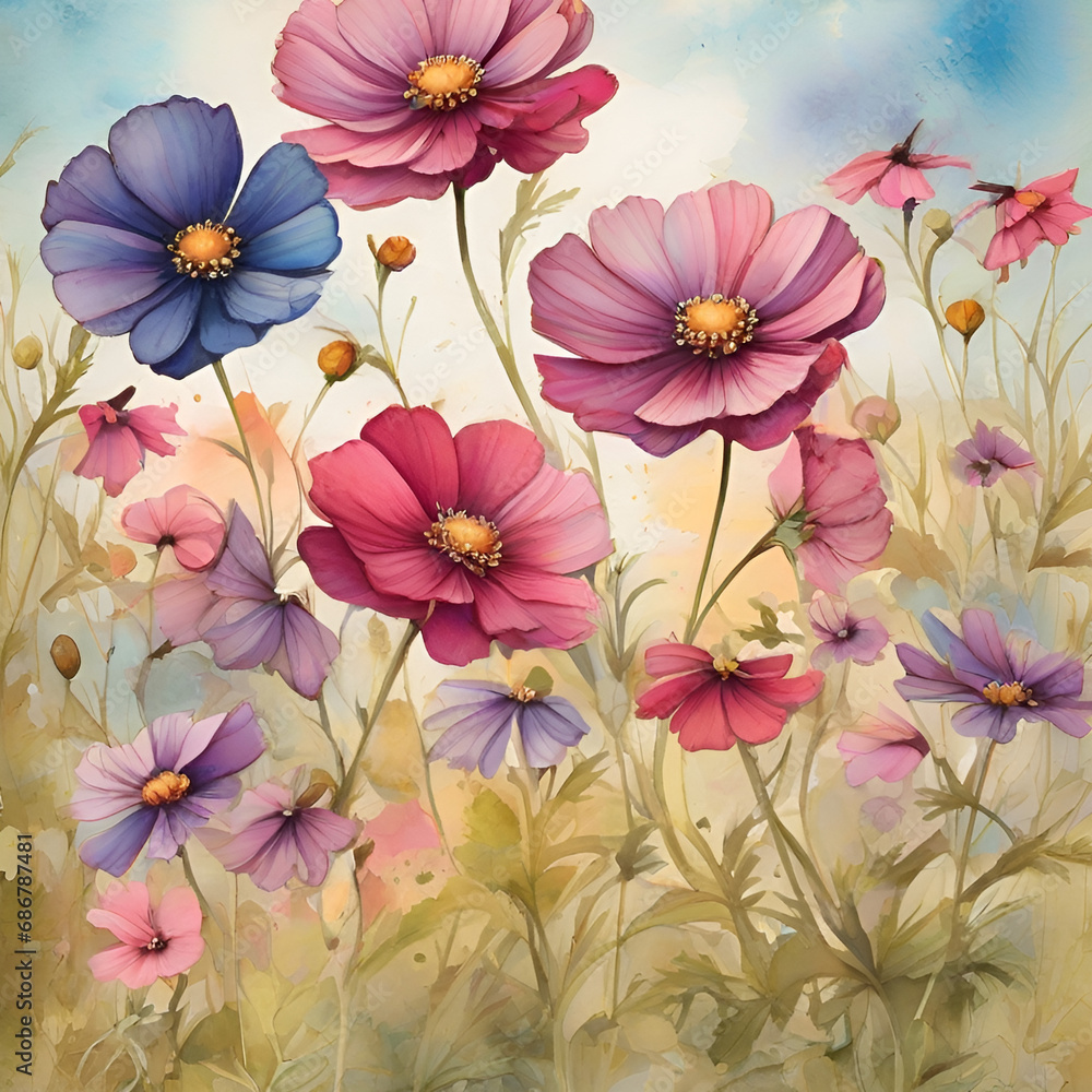 Watercolor cosmos flowers, generative ai