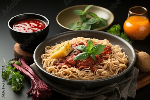 A classic pasta dish with rich tomato sauce and a lemon garnish, served alongside a vibrant, refreshing tomato soup and fresh juice