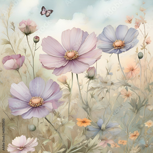 Wallpaper Mural Watercolor cosmos flowers, generative ai Torontodigital.ca