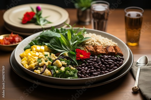 A beautifully composed vegetarian plate featuring a variety of textures from beans, grains, and fresh produce