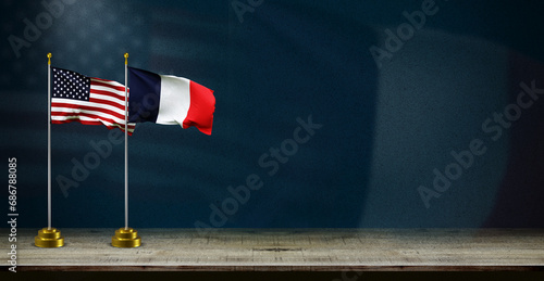 france and USA or america flag wave on dark background. digital illustration for national activity or social media content. photo
