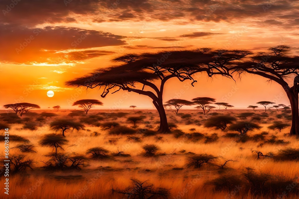 Obraz premium A panoramic view of a vast savannah at dusk, with acacia trees silhouetted against the vibrant sky.