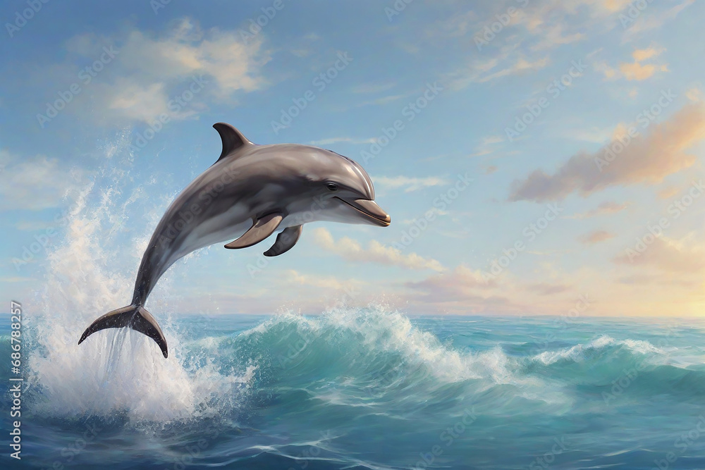 Fototapeta premium Cute dolphin jumping on the sea