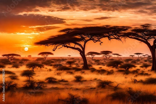 A panoramic view of a vast savannah at dusk, with acacia trees silhouetted against the vibrant sky.